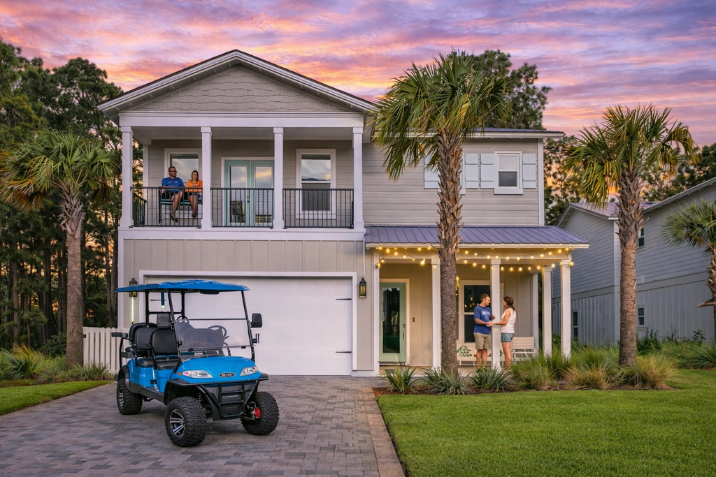 Two-story house with a blue golf cart in front, people on the porch, and palm trees.